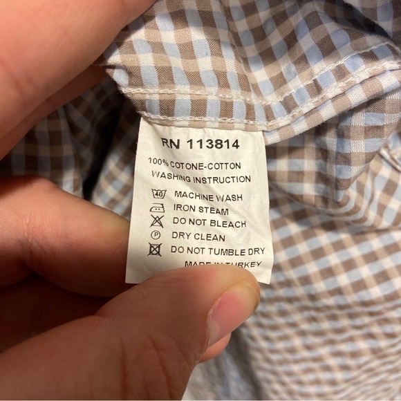 Billy Reid Brown Blue Plaid Roll Tab Sleeve Button Up Cotton Shirt Mens Slim XL - Picture 7 of 7